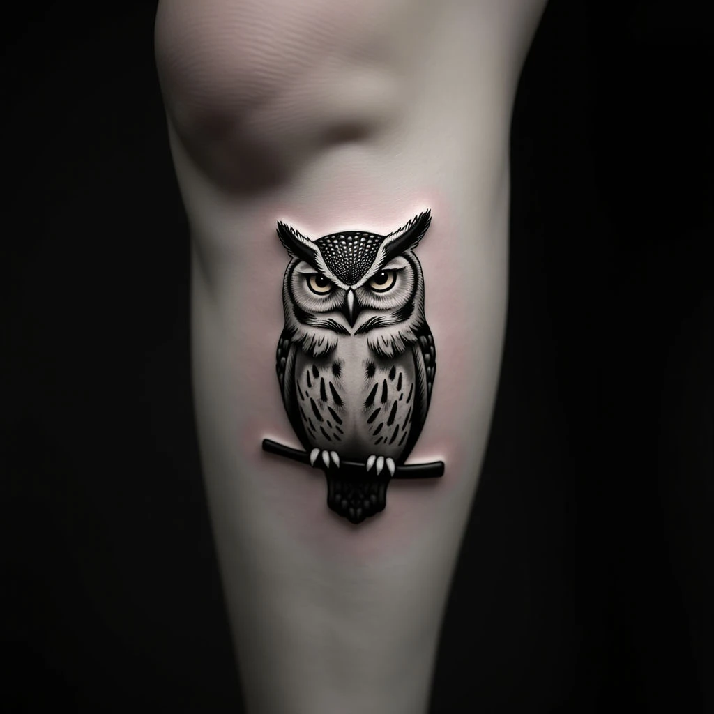 Small & Simple Owl Tattoo on Knee: Micro-Realism Design
