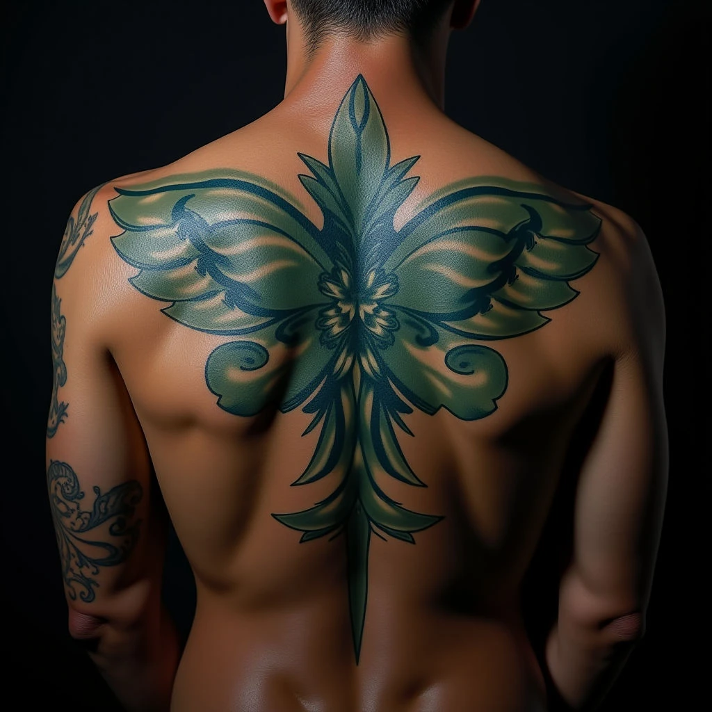 Small Traditional Back Tattoo in Blue and Green