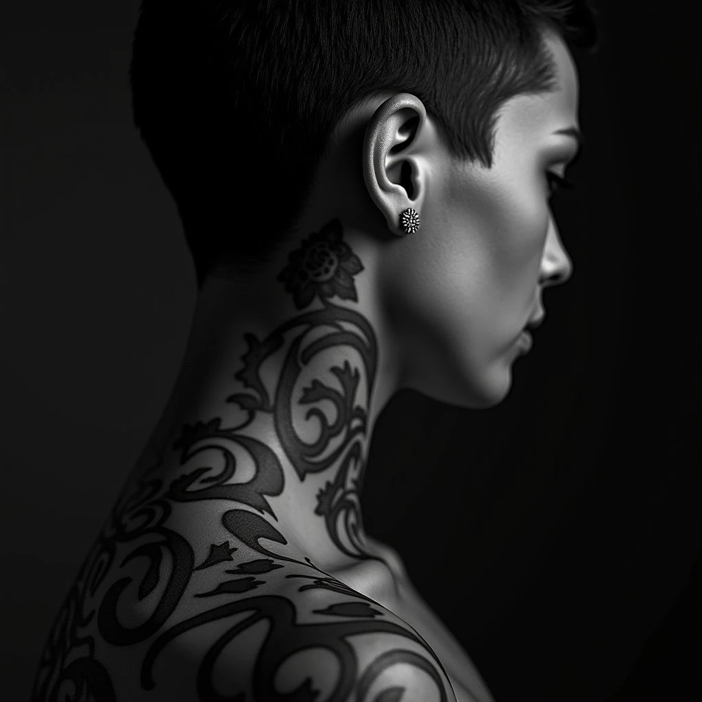 Black Tattoo Sleeve Ideas for Behind Your Ear - Neon Accents
