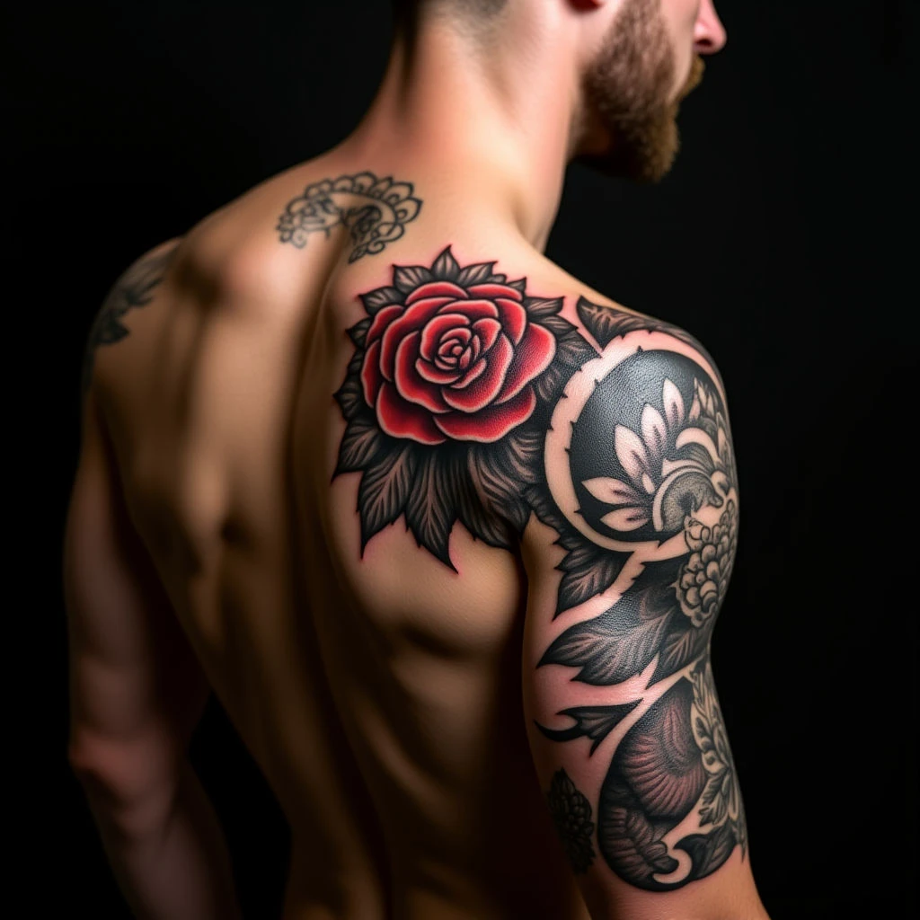 Blackwork Back Tattoos with Kids' Names: Father & Son Inspiration