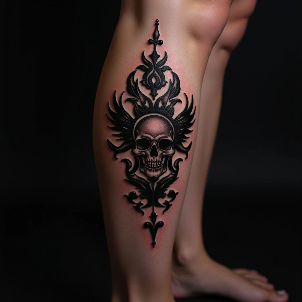 Gothic Blackwork Leg Tattoos with a Pink Twist
