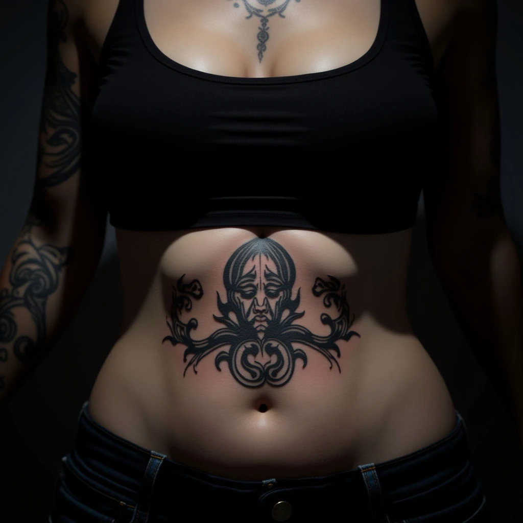 Powerful Japanese Stomach Tattoo Design in Grey - XXL Size