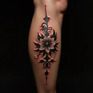 Striking Oriental Calf Tattoos with Blackwork & Copper Accents