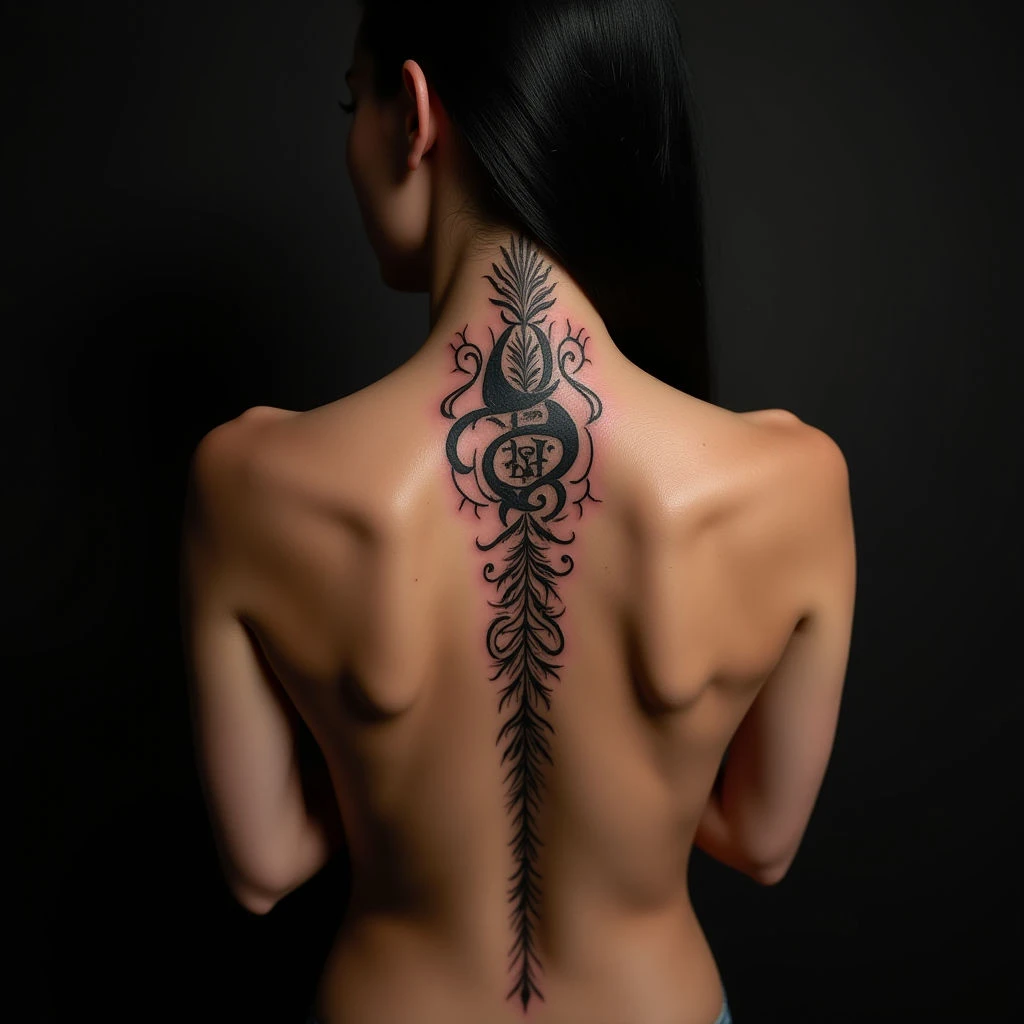Delicate Spine Tattoos: Small Blackwork Calligraphy Designs