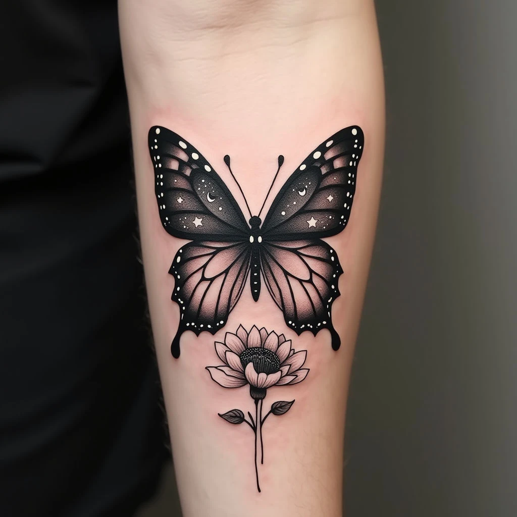 Celestial Butterfly and Floral Tattoo Design