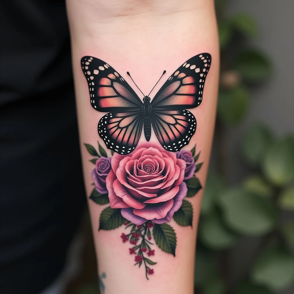 Delicate Butterfly and Rose Tattoo Design