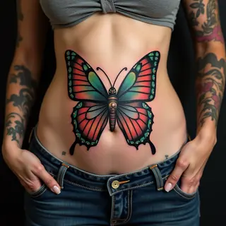 Neo-Traditional Butterfly and Portrait Tattoo on Stomach