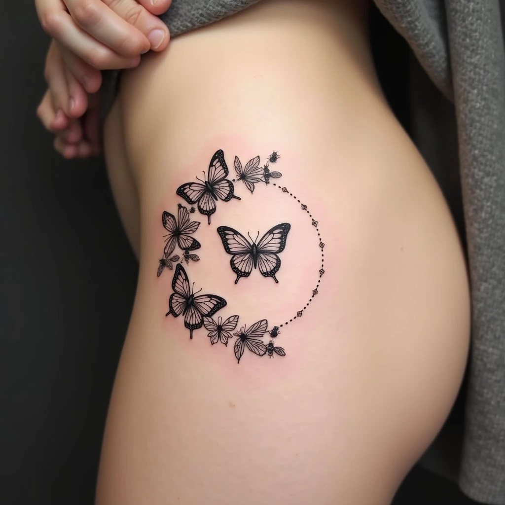 Delicate Butterfly and Bee Tattoo on Thigh