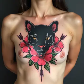 Bold Chest Tattoo: Panther with Floral and Arrow Accents