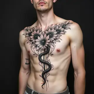 Illustrative Chest Tattoos: A Floral and Serpent Design