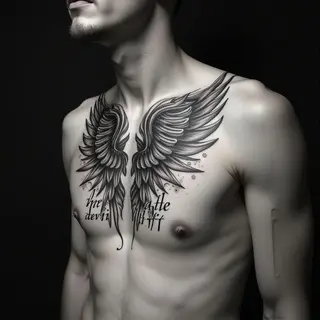 Intricate Script and Wing Motif Chest Tattoo