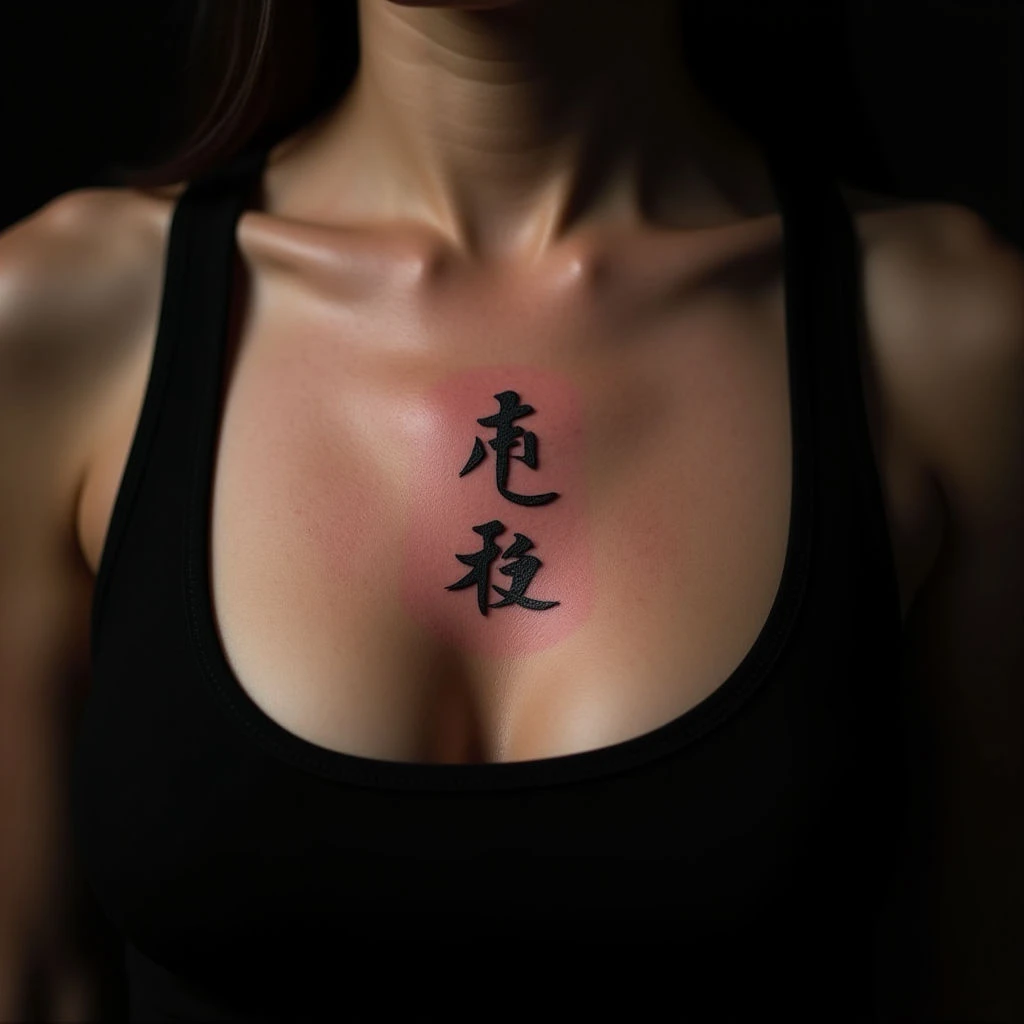 Delicate Pink Chinese Symbol Tattoo Ideas for Your Chest