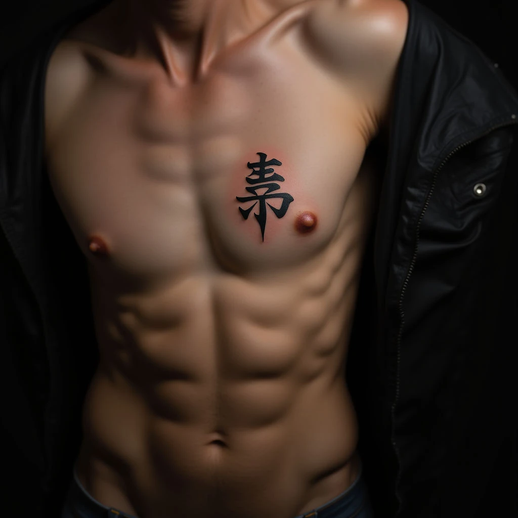 Neo-Traditional Chinese Symbol Tattoo on Sternum - XL Design Ideas
