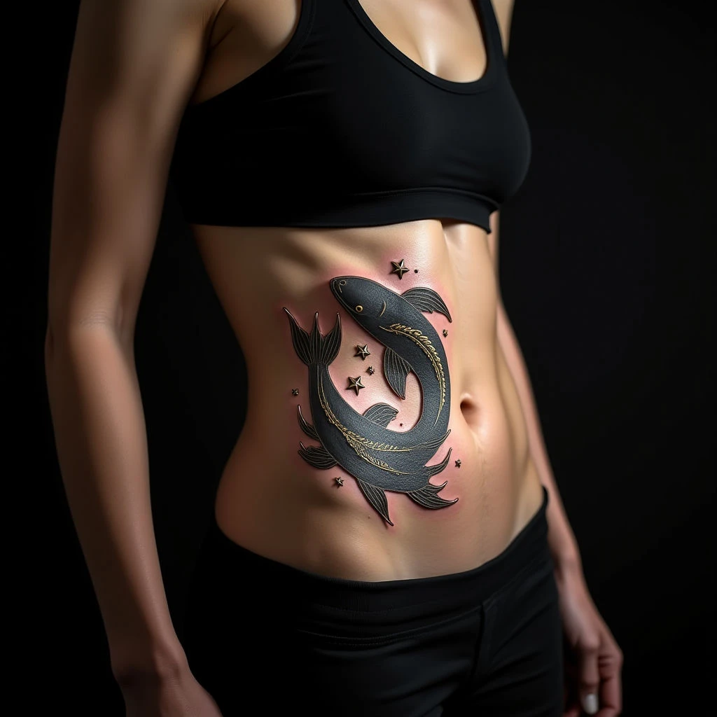 Black and White Koi Fish Tattoo Design on Stomach - New School Style