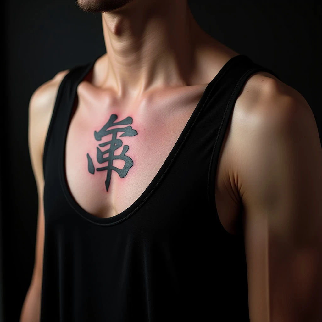 Violet Illustrative Chest Tattoos with Common Japanese Words