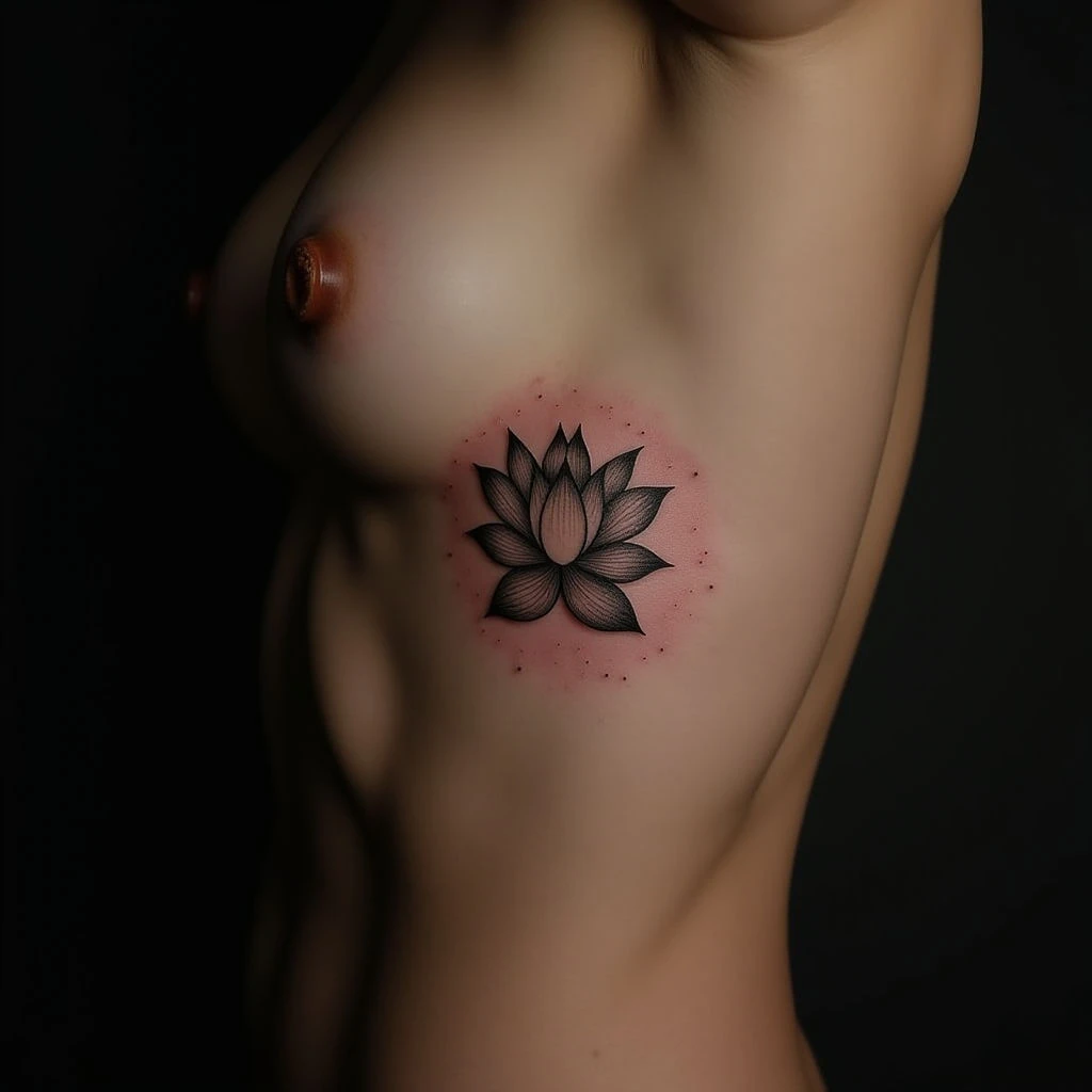 Simple Silver Lotus Flower Ribcage Tattoos - Inspiration