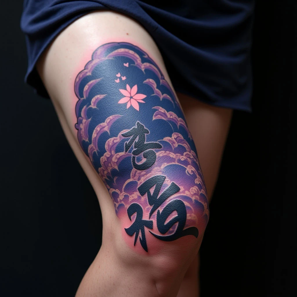 Powerful Japanese Words: Illustrative Knee Tattoos in Blue & Purple