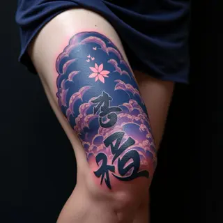 Powerful Japanese Words: Illustrative Knee Tattoos in Blue & Purple