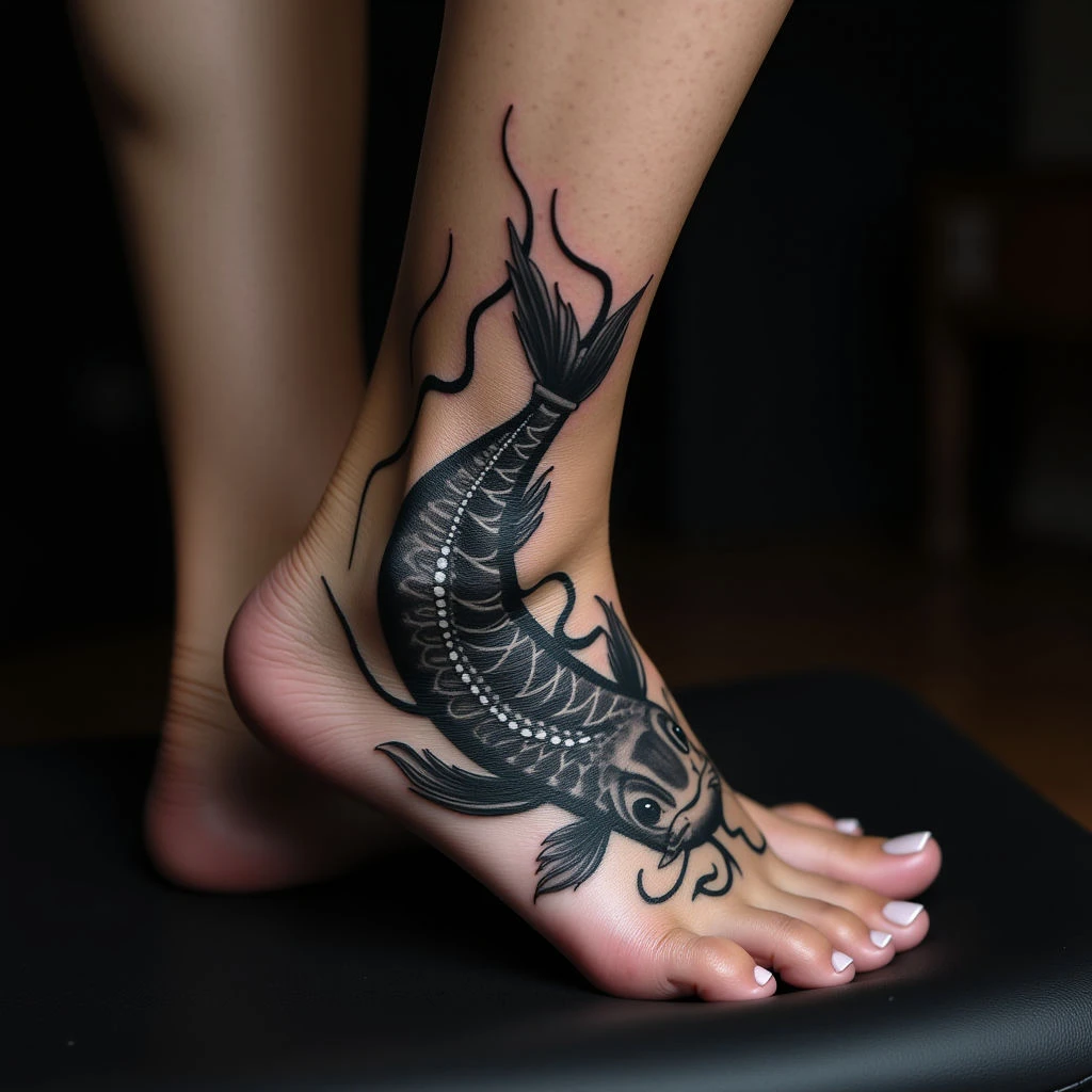 Japanese Koi Fish Tattoos on Foot: Tribal Black & Grey Designs