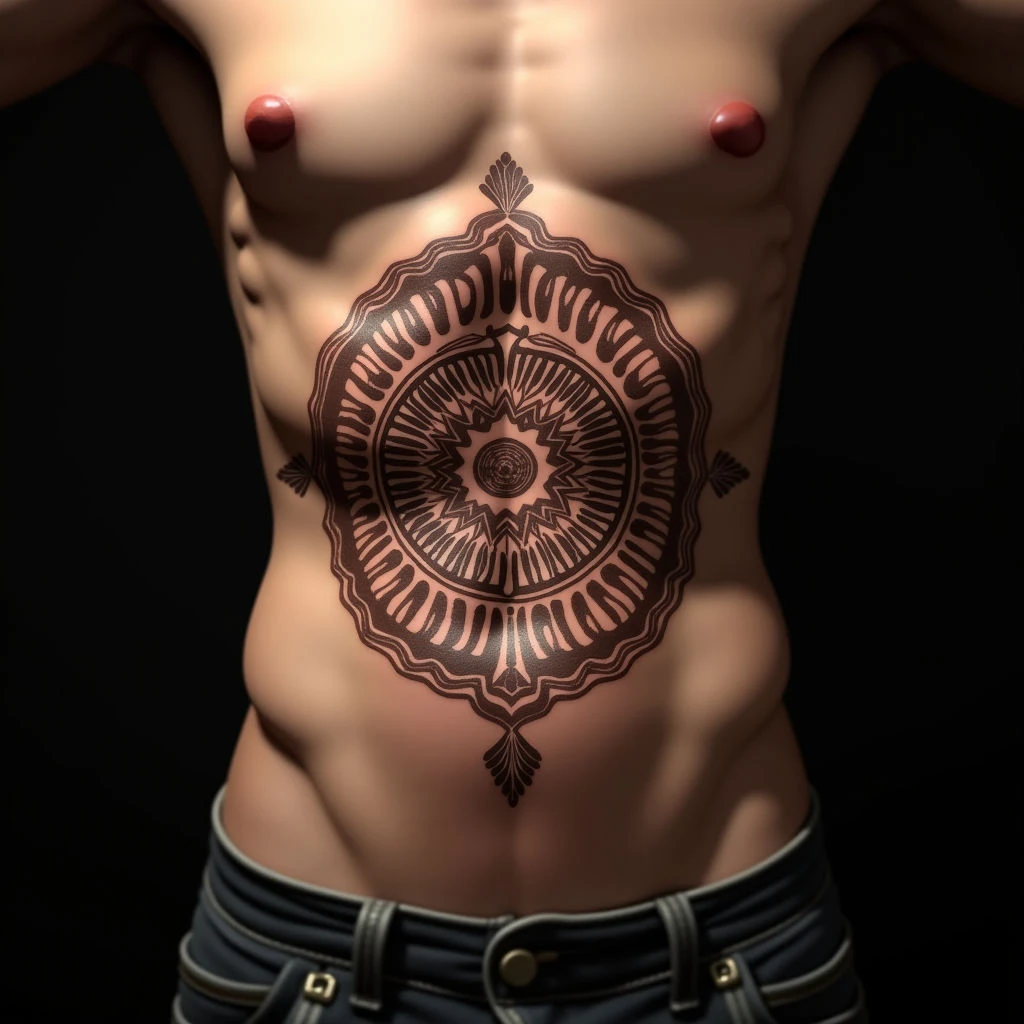 Korean Language Mandala Tattoo on Ribcage: Meaningful Brown Ink