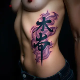 Blue and Purple Lettering Tattoos on the Ribcage - Chinese Style Inspiration