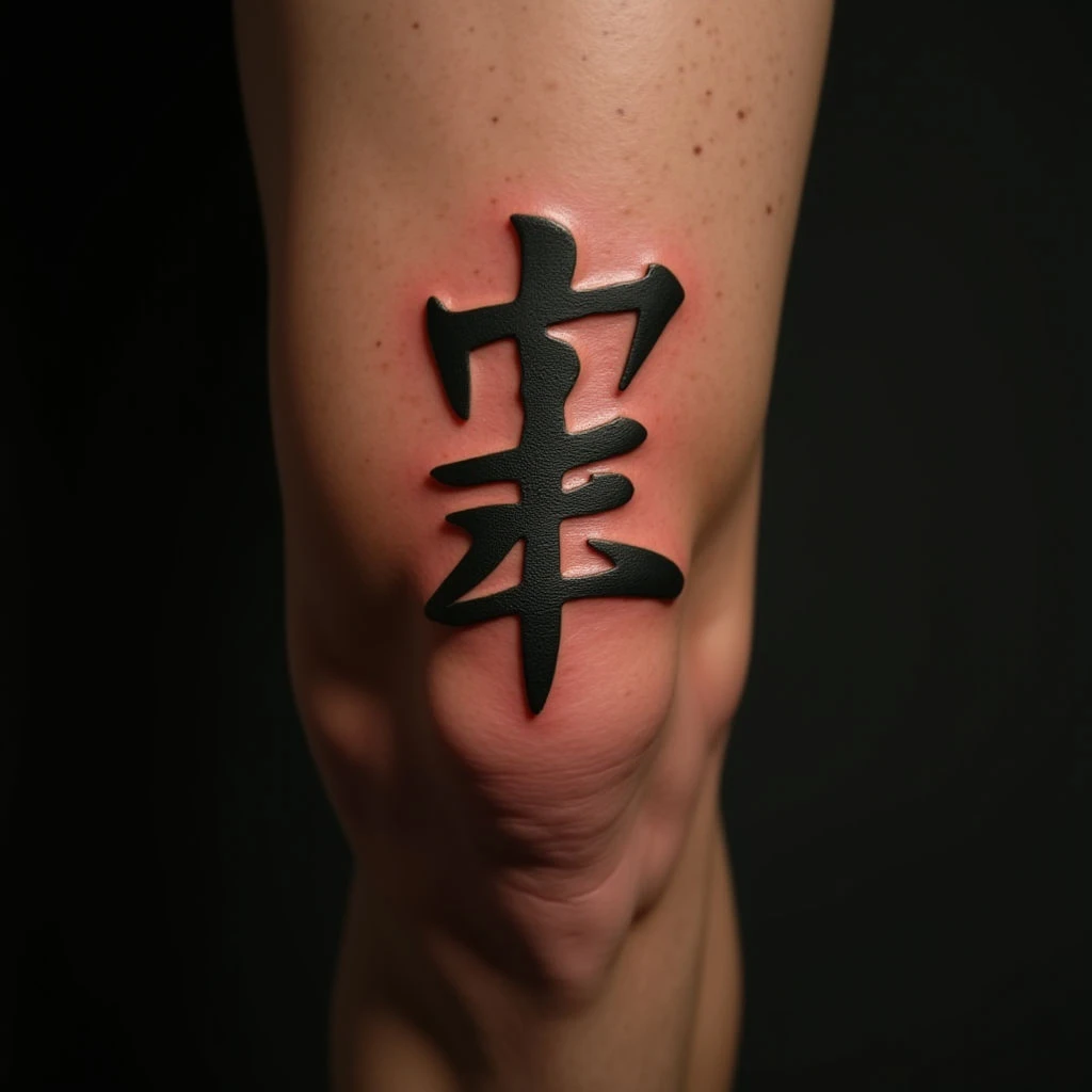 Powerful Kanji Knee Tattoos in Yellow Micro-Realism