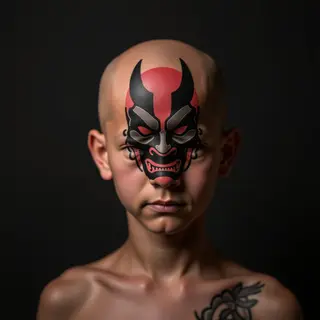 Small Japanese Oni Mask Tattoo: Minimalist Head Design