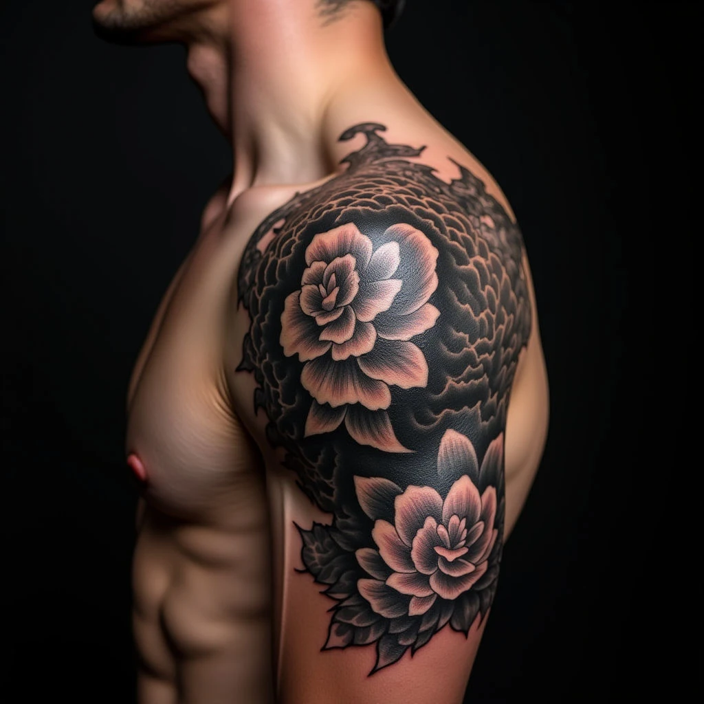 Neo-Traditional Chinese Shoulder Tattoo for Men - XS Design
