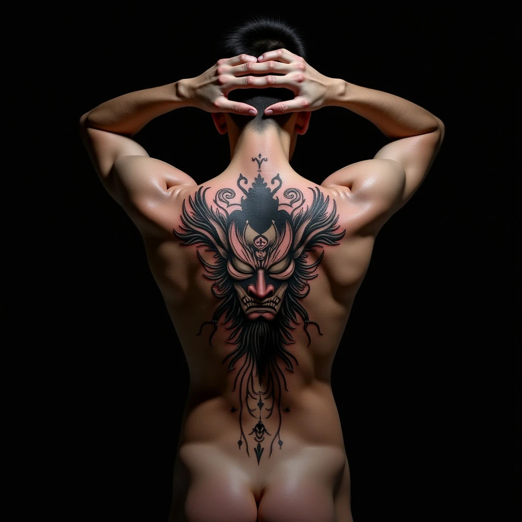Intense Japanese Hannya Mask Tattoos on the Back (New School)
