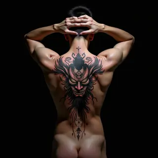 Intense Japanese Hannya Mask Tattoos on the Back (New School)