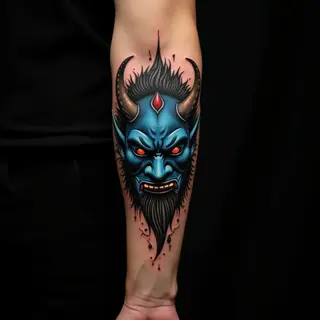 Surreal Oni Mask Tattoo Design for Men's Arm
