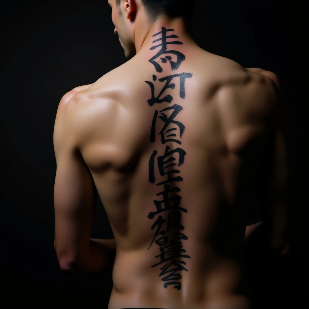 Powerful Japanese Kanji Spine Tattoos in Blue Black Realism