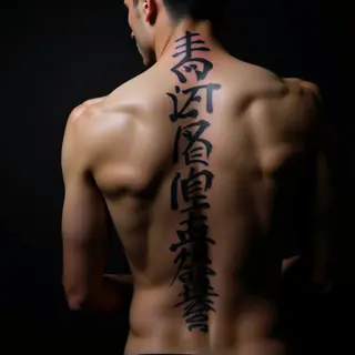 Powerful Japanese Kanji Spine Tattoos in Blue Black Realism