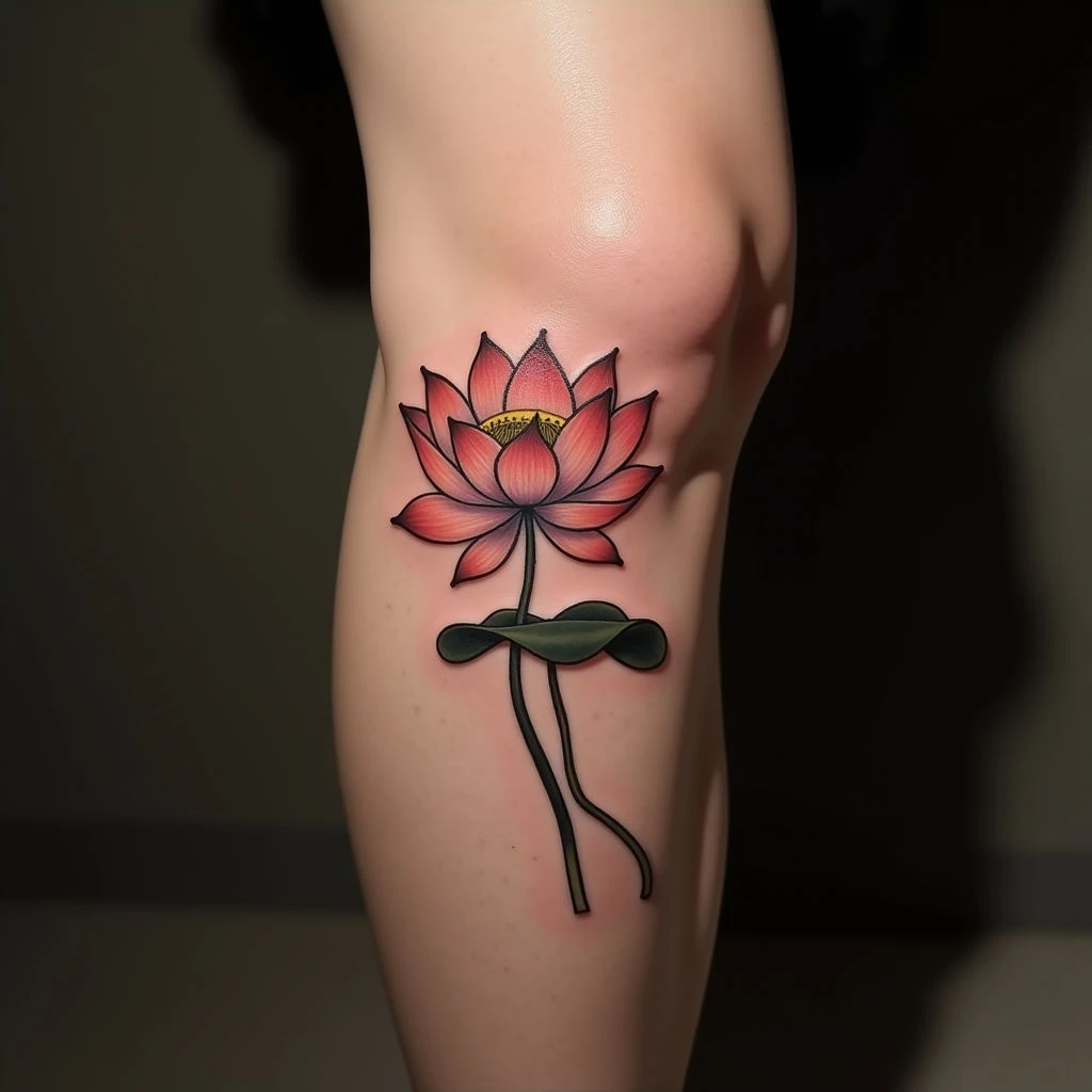 Simple Lotus Flower Tattoo Design - Old School Leg Piece