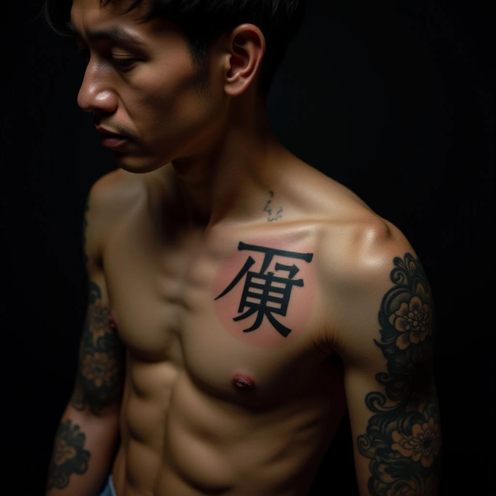 Delicate Chinese Lettering Tattoo on Sternum – Trash Polka Style