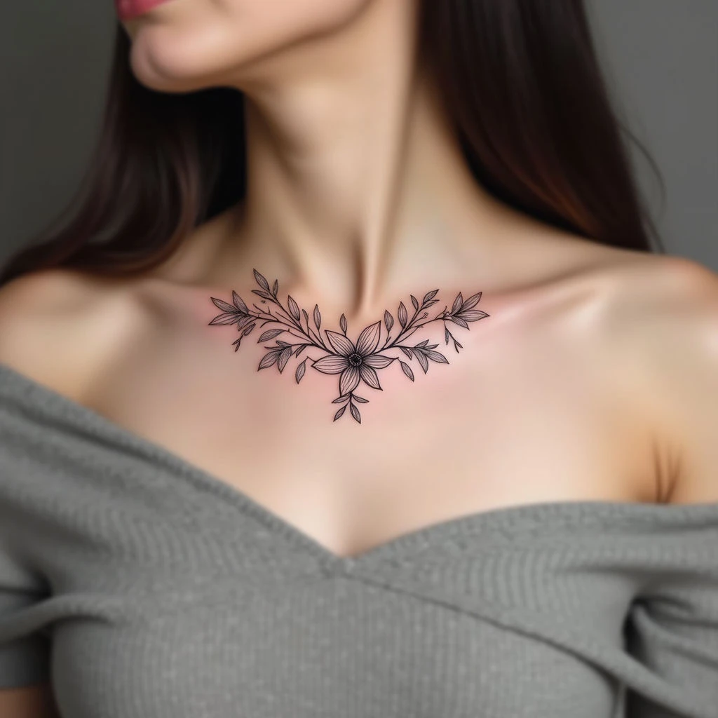 Elegant Floral Collarbone Tattoo Design