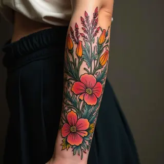 Vibrant Botanical Sleeve: A Neo-Traditional Masterpiece