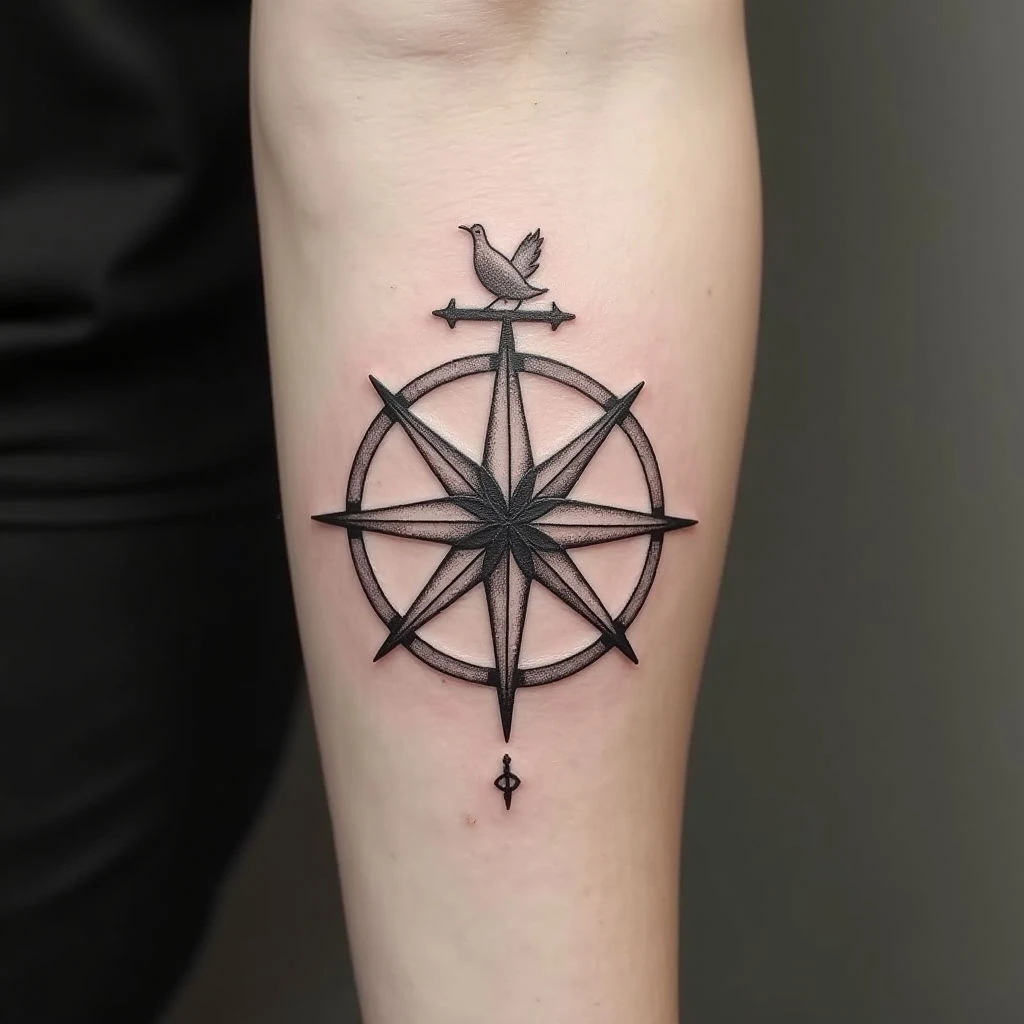 Illustrative Compass Tattoo on Forearm