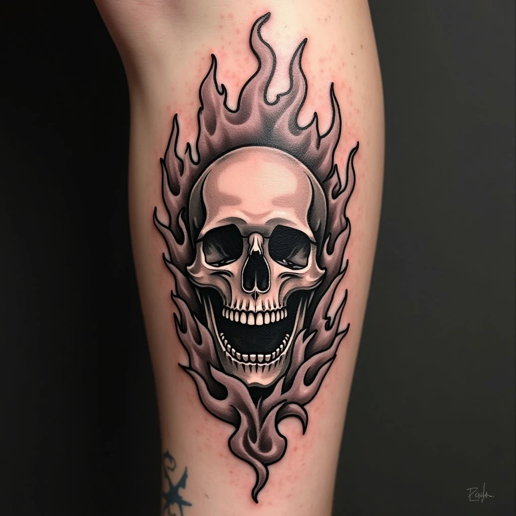 Fiery Skull Tattoo Design: A Study in Contrast