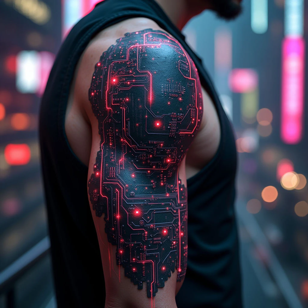 Cyberpunk Cover-Up Tattoo Ideas for Upper Arm