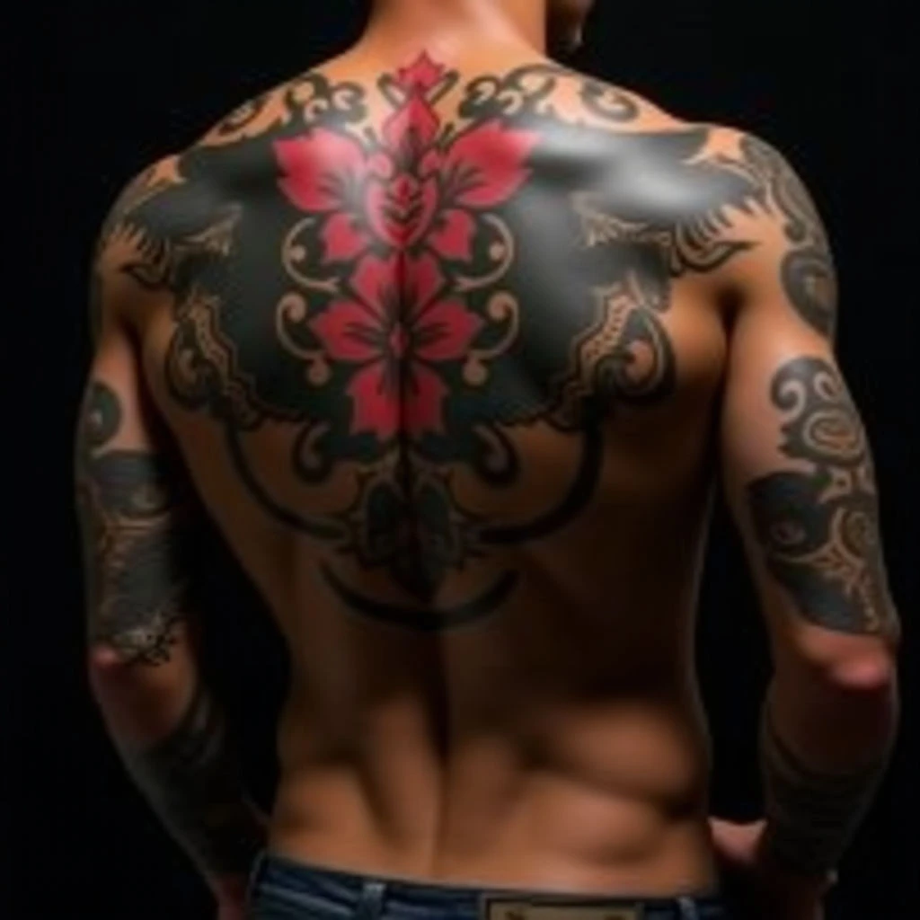 Epic Back Cover-Up Tattoos for Men: Realism in Black, Red & Gold