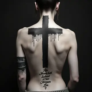 Dramatic Cross Tattoo with Script and Fractured Detail