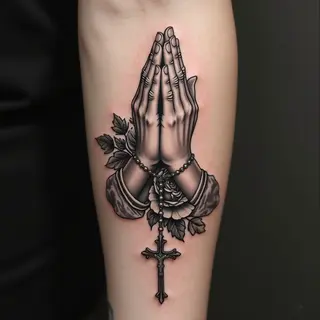 Praying Hands with Rosary and Rose: A Study in Faith and Beauty