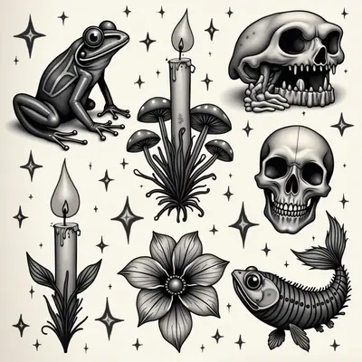 Dark Flash Tattoo Sheet: A Collection of Symbolic Motifs