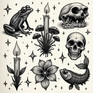 Dark Flash Tattoo Sheet: A Collection of Symbolic Motifs