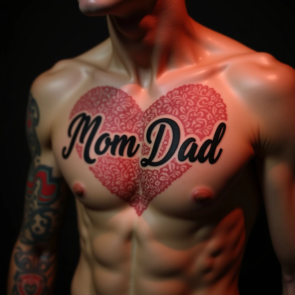 Powerful Dotwork Mom and Dad Chest Tattoo for Sons