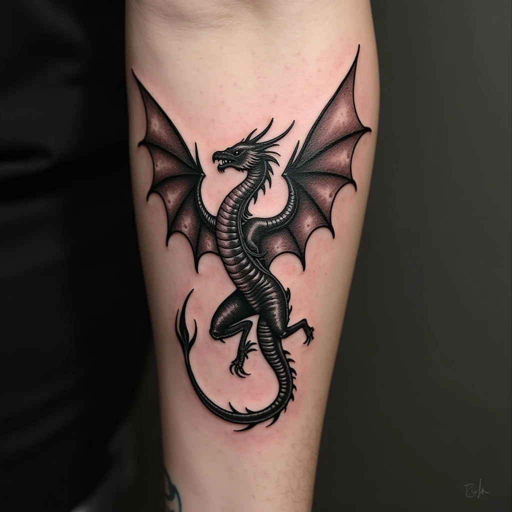 Illustrative Dragon Tattoo on Forearm