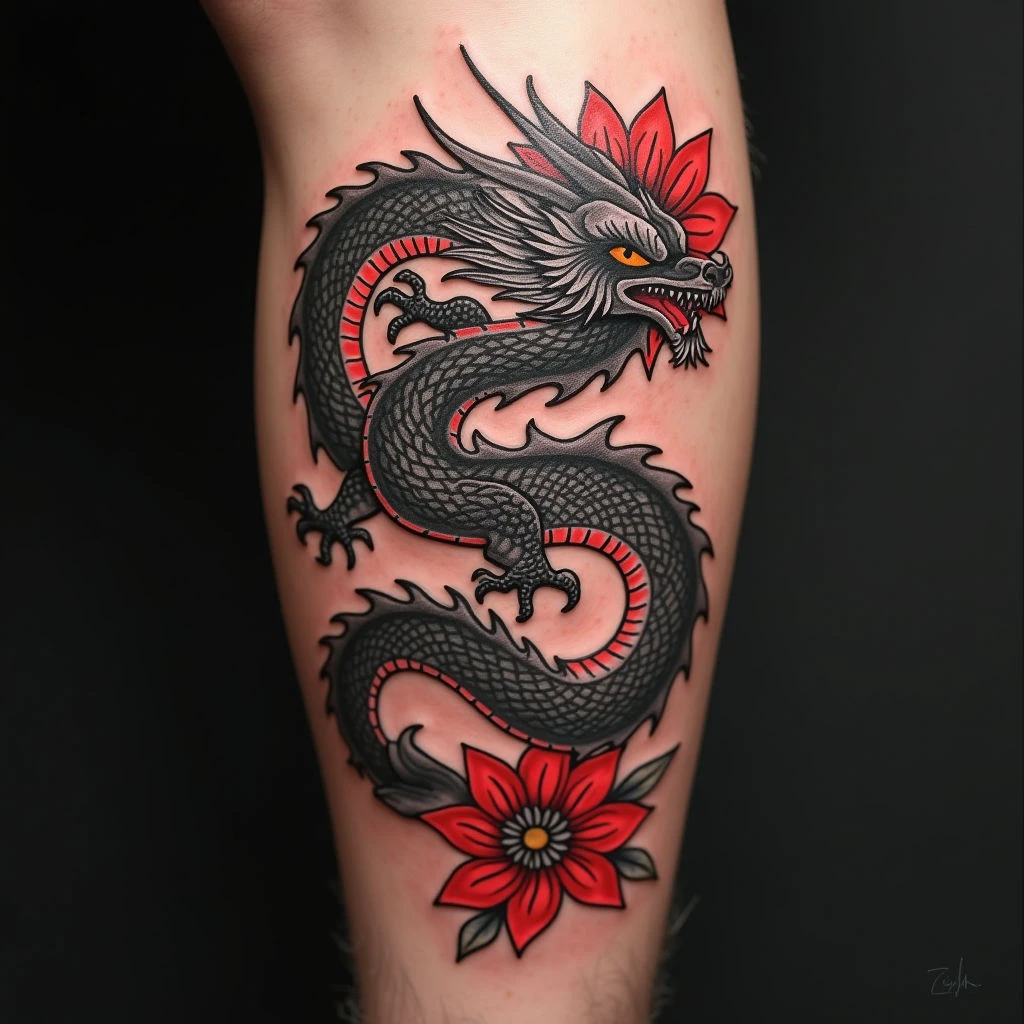 Elegant Japanese Dragon Tattoo on Calf