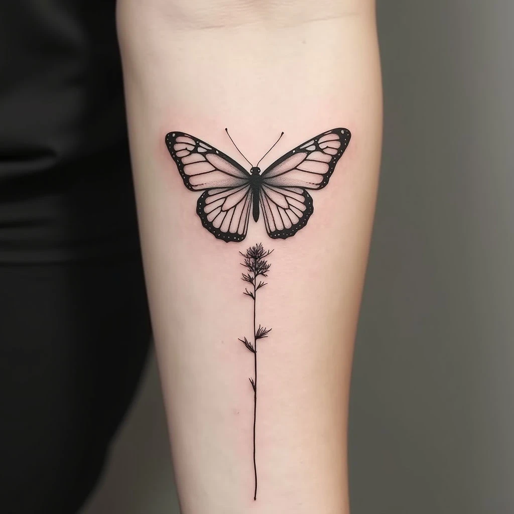 Delicate Butterfly and Stem Tattoo Design