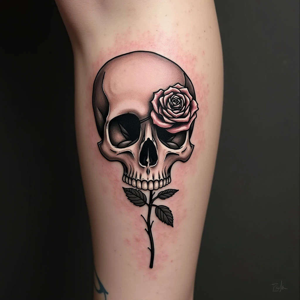 Elegant Skull and Rose Tattoo Design